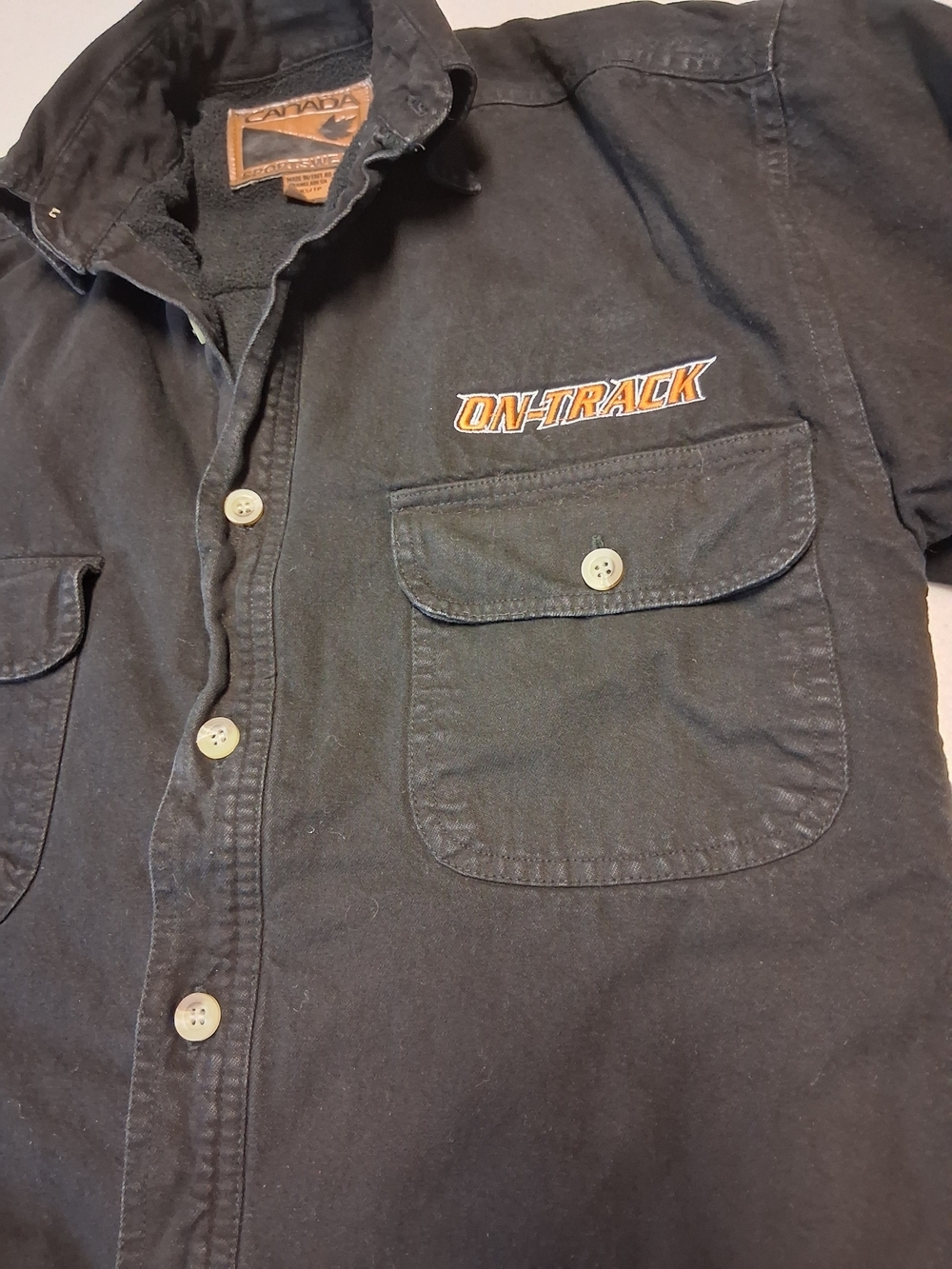 4/20$ ON-TRACK Black Button-Up Work Shirt Jacket With Warm Lining  withChestlogo - Picture 8 of 8